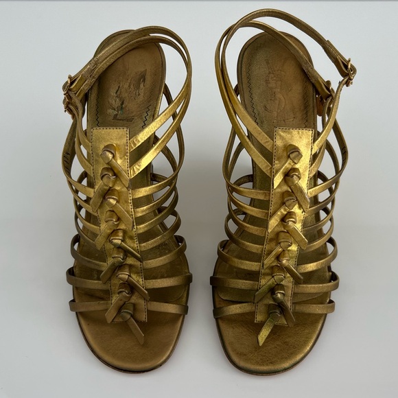 YVES SAINT LAURENT BRONZE GOLD GLADIATOR WEDGE SANDALS SIZE IT 37.5 / US 7.5 - Picture 6 of 17